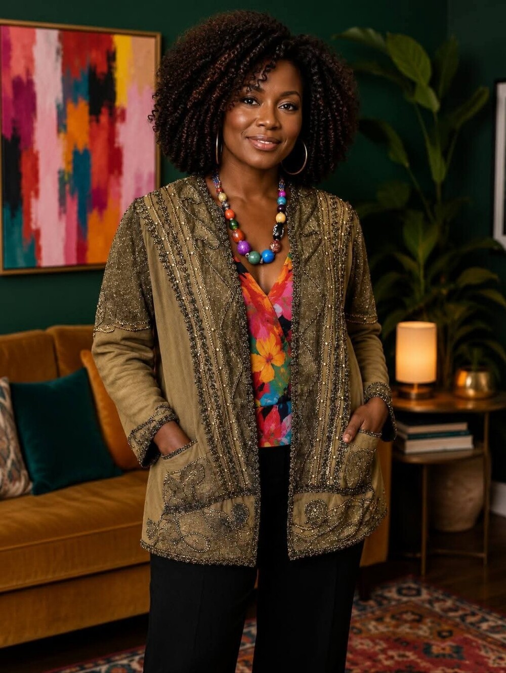 Varda Garfinkel Vintage Embellished Olive Bead-Trim Jacket